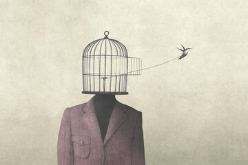 Wall Mural - illustration of trapped little bird trying to flying out of open birdcage, surreal illusion concept