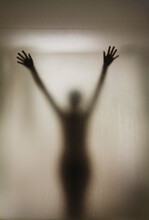 Silhouette Of A Nude Woman Behind The Glass Door Of A Shower Stall