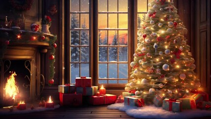 luxurious interior with shining tree, wrapped gifts, and warming hearth. christmas evening.