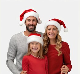 Christmas Holidays. Family In Santa Hats Standing And Smiling On White Background