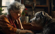 senior retired woman plays with dog