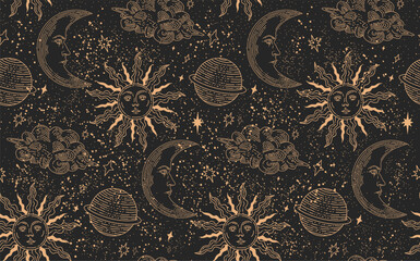 Wall Mural - seamless night sky pattern. celestial elements. pattern for textiles. ornament sun and moon. on a bl