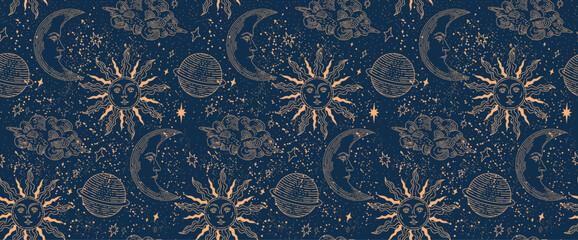 Wall Mural - seamless night sky pattern. celestial elements. pattern for textiles. ornament sun and moon. on a bl
