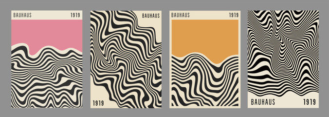 Poster - Bauhaus Abstract Wavy Backgrounds. Cool Geometric Posters Vector Design. Optical Illusion Shape Textures.