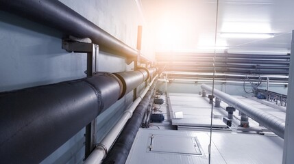 Wall Mural - Installation of plumbing system water chiller line pipe on the  hatchering machine.with shiny light.