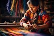 Traditional craft. Elderly indigenous woman weaves fabric with intricate patterns on traditional looms. Colorful threads, patterns, focused craftsmanship. Skilled craftsmanship, tradition. Weaver
