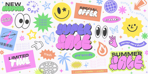 Aufkleber - Cool Y2k Promo Sale Banner Pop Art Design. Trendy Y2K Special Offer Patches. Graffiti Retro Label.