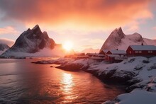 Beautiful sunset over Lofoten Islands with vibrant houses by Norwegian Sea. Serene winter view of Sakrisoy fishing village. Generative AI