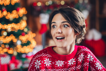 Poster - Portrait of funny young surprised girl astonished new year dream magic fairy tale wow omg reaction feast isolated over home background