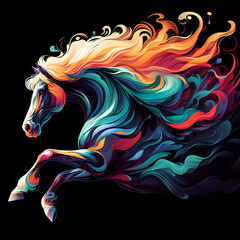 Stylized Portrait of a Fiery Fantasy Flaming Equestrian Horse Animal Ghost with Flowing Mane Power Galloping  Jumping Running Full Trot, Smoke & Blazing Fire Devil Hell Flames, Dark Black Background