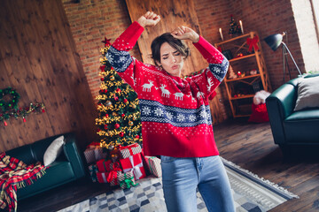 Sticker - Photo of pretty adorable young lady dressed knitted ugly red sweater dancer relax atmosphere isolated home decor xmas tree background