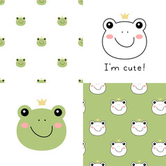 Canvas Print - Set of Cute Little Frog princess seamless patterns. Hand drawn Little Toad in doodle style for designing baby clothes. Cartoon Bohemian nursery print. Kids design texture. Vector illustration.