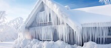 A Winter House With Large Icicles On The Gutter Above Windows And A Snow Covered Roof After A Blizzard