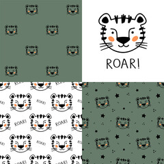 Canvas Print - Set of Cute Little Tiger seamless patterns. Hand drawn Little Tiger in doodle style for designing baby clothes. Cartoon Bohemian nursery print. Kids design texture. Vector illustration.