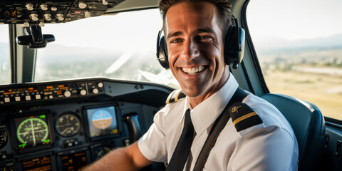 Wall Mural - portrait of Commercial Pilot, Pilot and navigate the flight of small fixed or rotary winged aircraft, primarily for the transport of cargo and passengers