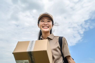 Asian delivery woman holding parcel against sky background. Generative Ai.