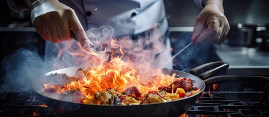 Chef s hands cook burning food in professional kitchen