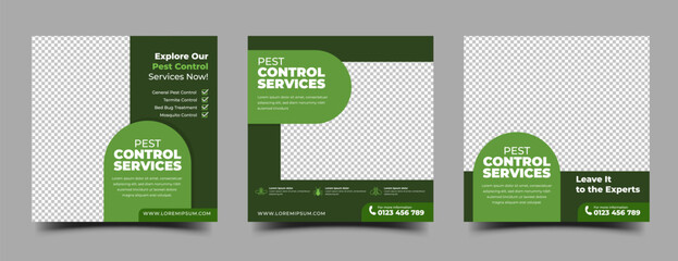 Wall Mural - set of modern green social media post template for pest control promotion