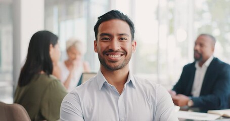 Poster - Face, businessman and leader with vision in a meeting with team for creative, planning and problem solving in office. Portrait, man and worker with idea for smile in business meeting with group
