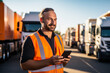 Portrait of a worker using mobile phone while standing in front of trucks