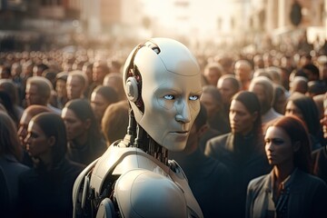 Poster - Crowd of people and robot in Rome, Humanoid robot in a crowd. 3d rendering toned image, AI Generated