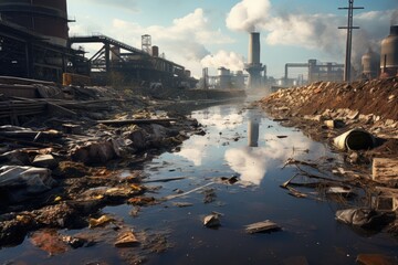 Pollution of the environment. Pollution of the environment. The concept of environmental pollution, industrial landscape with polluted river, pollution of the environment, environmental, AI Generated