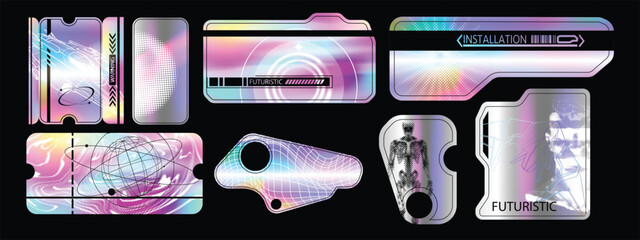 Hologram y2k sticker set, vector holography retro futuristic label kit, neon acid gradient CD tag. Silver shiny foil vintage cyberpunk voucher, 2000’s aesthetic trippy metal pack. Hologram sticker