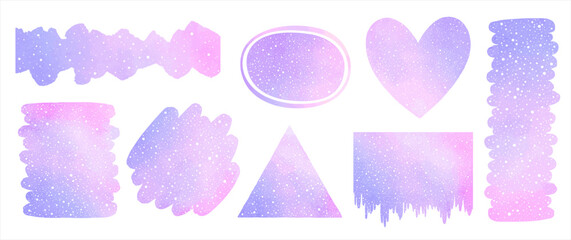 Poster - Watercolor vector lilac snow backgrounds, shapes collection. Brush strokes, heart, triangle, uneven stripe, icsicles with spray, hand drawn dots texture. Graphic design elements set, frame, border.