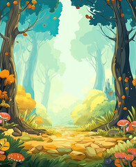 Wall Mural - Cartoon autumn season background in the forest.