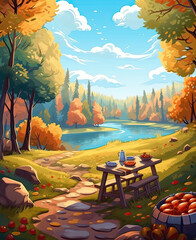 Wall Mural - Cartoon autumn season background in the forest.