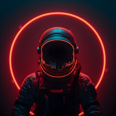Wall Mural - spaceman or astronaut with circular ring shaped neon light. ai generative