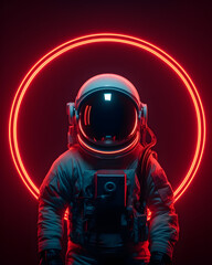 Wall Mural - Spaceman or astronaut with circular ring shaped neon light. AI generative