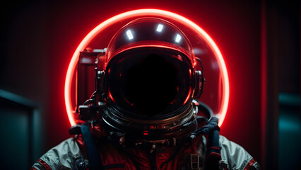 Wall Mural - spaceman or astronaut with circular ring shaped neon light. ai generative