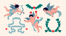 Cupids Or Cherubs, Wreath, Ribbon, Hearts. Cute Flying Characters With Bow And Wings. Hand Drawn Vector Illustration. Isolated Design Elements. Valentine's Day, Romantic Holiday Celebration Concept