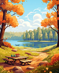 Wall Mural - Cartoon autumn season background in the forest.