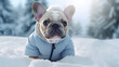 French Bulldog wearing down jacket sitting in the snowfield