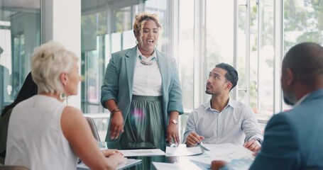 Aufkleber - Business woman, presentation and leader with team in office for meeting, planning and financial review. People, coaching and employee sharing documents, report and strategy for startup idea