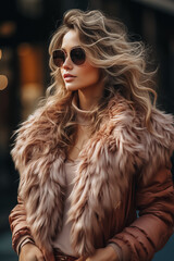 Poster - Fashion model in a brown fur coat. Outdoor portrait in daylight. Warm winter clothes concept