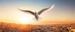 White dove with wings wide open in the blue sky air. Spirit of god background banner panorama. International Day of Peace concept. Generative ai