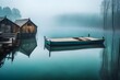An evocative lake dock engulfed by thick fog, with dimly visible shapes of boats and structures