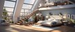 Contemporary loft with mezzanine parquet floor and panoramic windows Studio apartment open space bedroom kitchen and balcony terrace with gray interior design representation