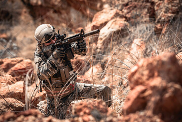 Wall Mural - Soldiers of special forces on wars at the desert,Thailand people,Army soldier Patrolled the front line,Calling up reinforcements