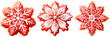 Set of Watercolor gingerbread, red and white snowflake, decorated Christmas sugar icing, isolated on transparent background