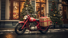 Vintage Motorcycle With Gift Boxes On The Background Of A Christmas Tree Generativa IA