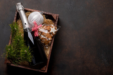 Wall Mural - Box with Christmas gingerbread cookies and champagne