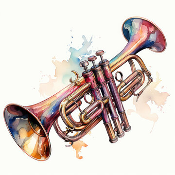 watercolor Trumpet full clipart, Generative Ai