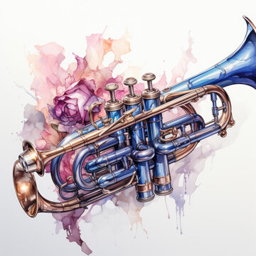 watercolor Trumpet full clipart, Generative Ai