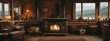 Interior of an Alaskan wilderness cabin with cozy log walls, a fireplace, and rustic decor.