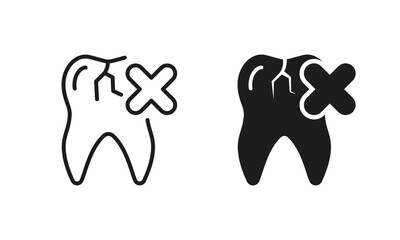 Canvas Print - Broken Teeth Problem Silhouette and Line Icon Set. Oral Medicine, Cracked Tooth Pictogram. Dental Treatment Black Symbol Collection. Chipped Damaged Tooth. Isolated Vector Illustration