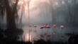 Flamingos im Nebel im Sumpf. Feuchtgebiet mit rosa Vögeln im Morgengrauen. Mystisches Hintergrundbild von wildlebenden Tieren. 